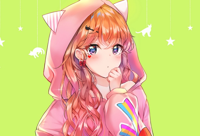 Anime girl with orange hair wearing a pink hoodie