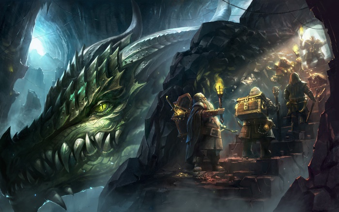 Dwarves carrying treasure encounter a dragon in a cave