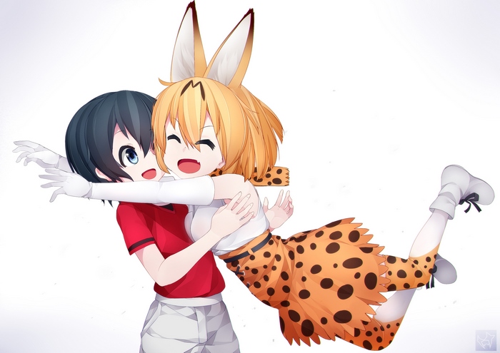 Kaban and Serval from Kemono Friends hugging