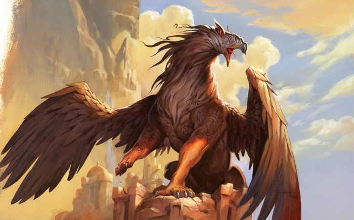 A majestic griffin perched atop ancient ruins