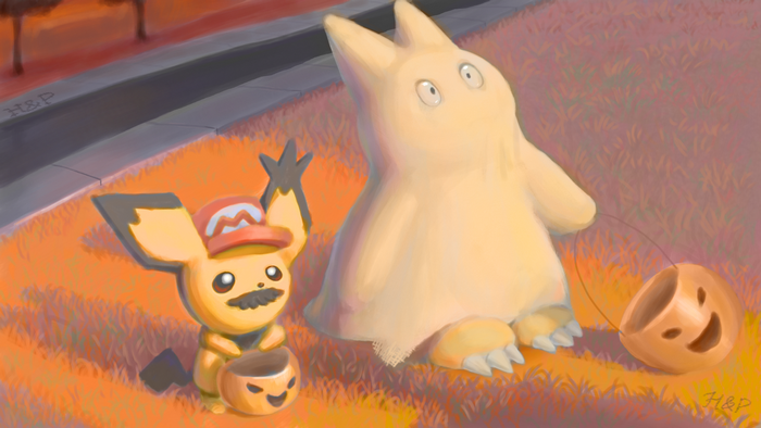 Pichu and Snorlax dressed for Halloween