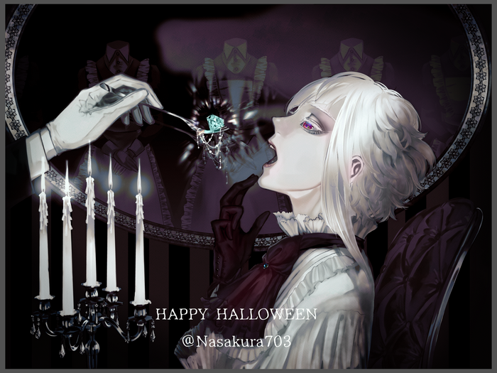 Person with white hair and purple eyes being fed a gem