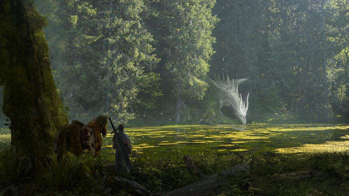 Man and horse encounter a dragon by a forest lake