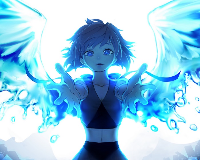 Girl with blue hair and wings made of water