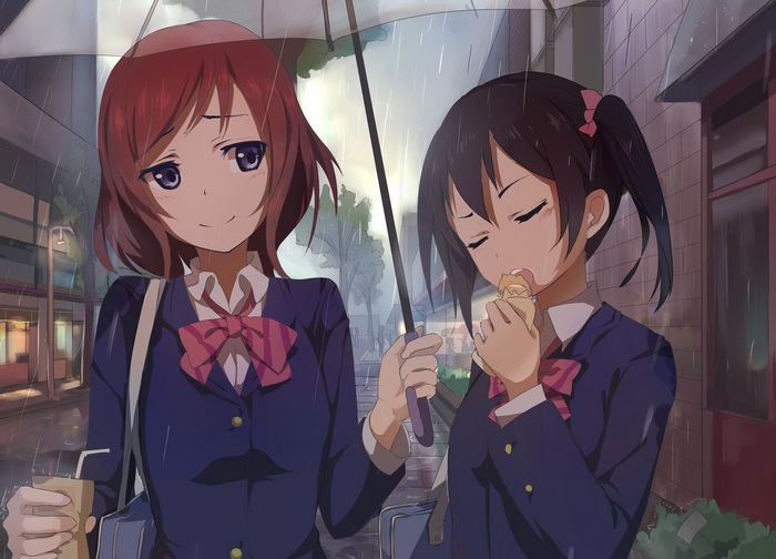 Maki Nishikino and Nico Yazawa from Love Live! School Idol Project in the rain