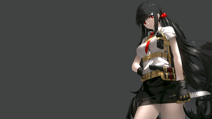 Anime girl with black hair and red eyes holding a knife