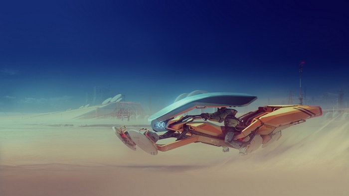 Futuristic vehicle driving through a desert