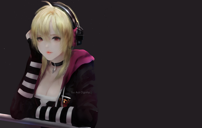 Tanya from Kings Raid wearing headphones