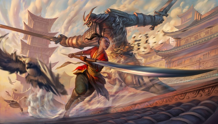Woman Warrior Fights Giant Samurai in Oriental City