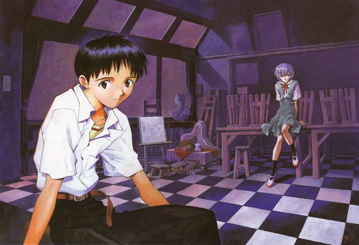 Shinji Ikari and Rei Ayanami in an art studio