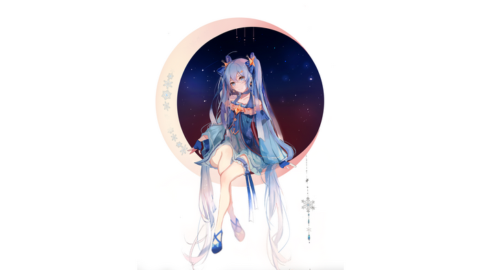 Anime girl with blue hair and eyes on a moon
