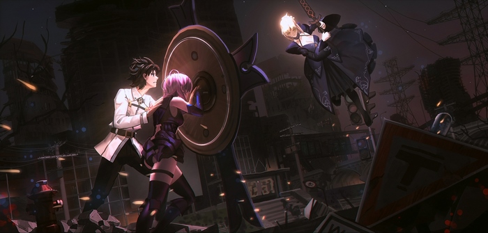 Fujimaru Ritsuka, Mashu Kyrielight, and Saber Alter in battle