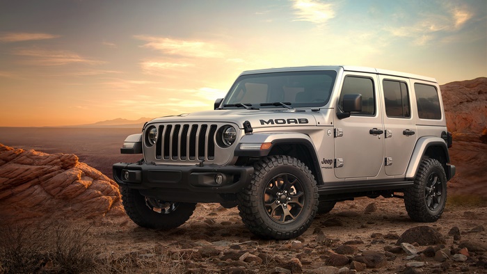 Silver Jeep Wrangler Moab in a desert landscape