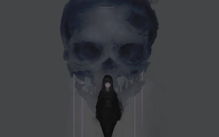 Girl in front of a large skull