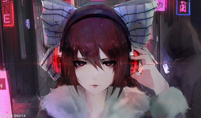 Anime girl with headphones in a neon city