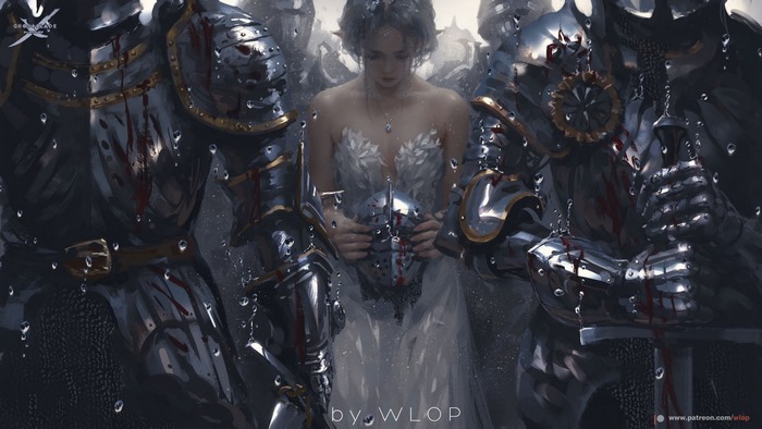 Woman in white dress holding a helmet with knights