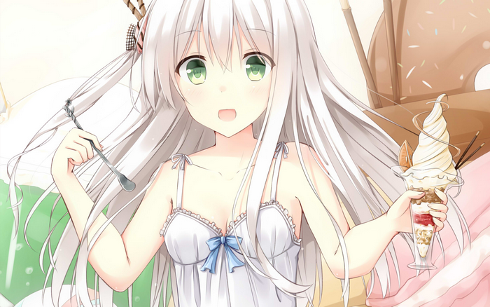 Girl with white hair and green eyes holding ice cream