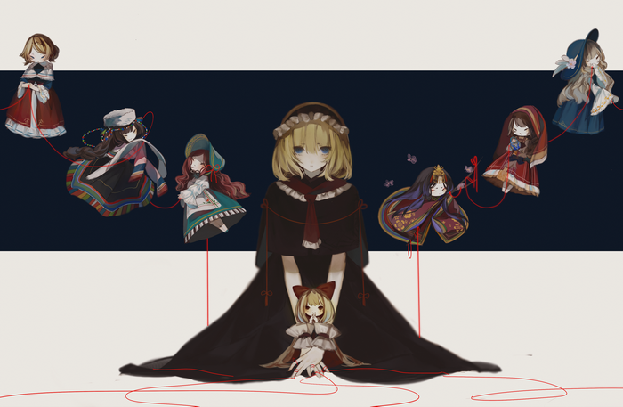 Alice Margatroid and dolls connected by red strings