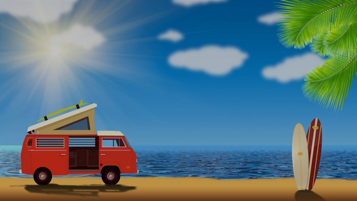 Red Volkswagen van with surfboards on a beach