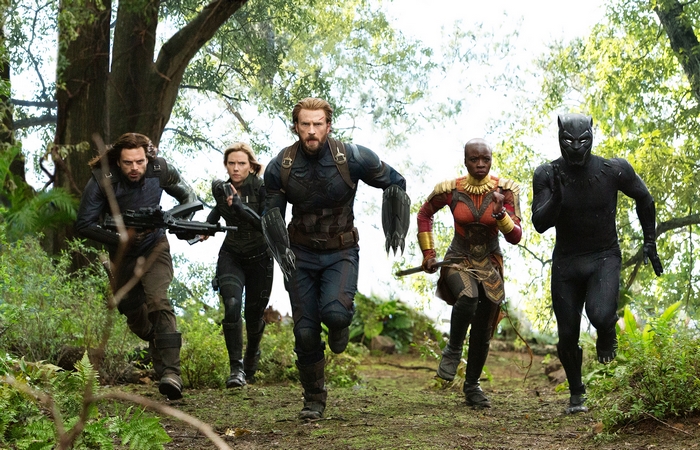 Captain America, Black Widow, Okoye, Black Panther, and Winter Soldier running