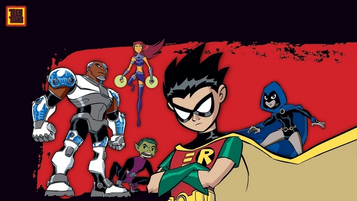 Teen Titans characters: Cyborg, Starfire, Robin, Beast Boy, and Raven