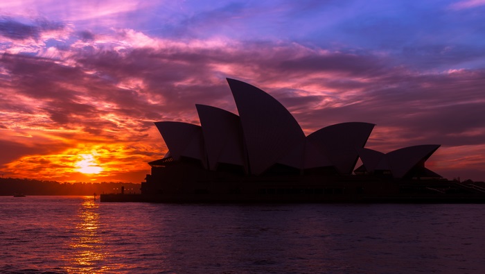 Sydney Opera House at sunset with colorful clouds