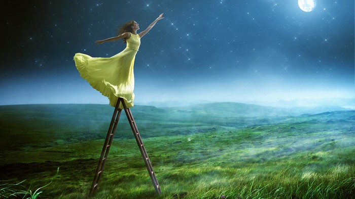 Woman in Yellow Dress on Ladder Reaching for Moon