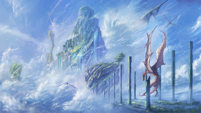 Dragons and ancient ruins in a cloudy sky