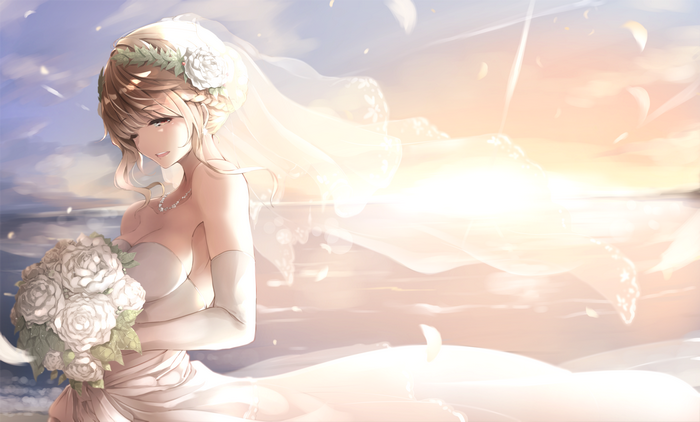 Bride with Bouquet and Veil at Sunset