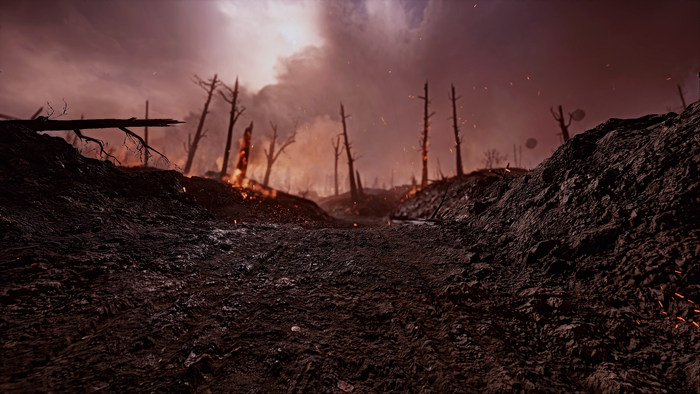 Battlefield 1 trench with fire and smoke