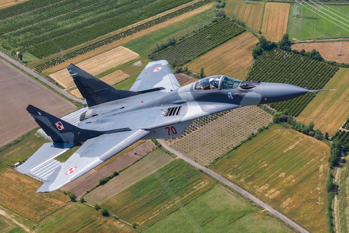 Mikoyan MiG-29 fighter jet flying over fields