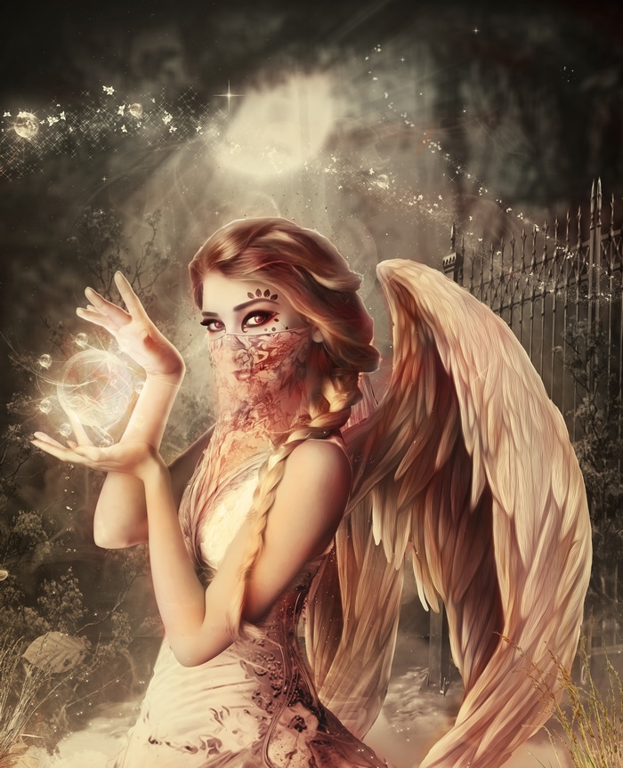 Angel with magic orb and wings