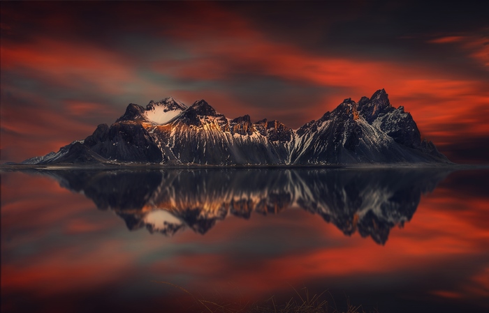 Mountains Reflecting in Water During Sunset