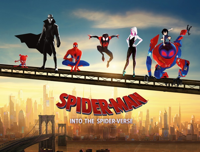 Spider-Man: Into the Spider-Verse characters on a bridge