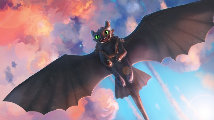 Toothless Night Fury Dragon Soaring in Vibrant Sky 4K