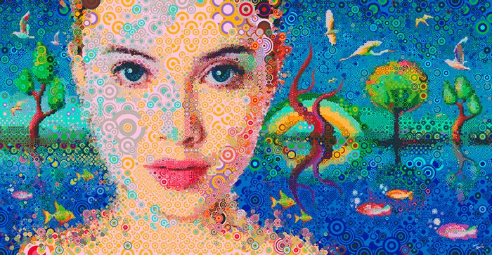 Mosaic portrait of a woman with a surreal landscape