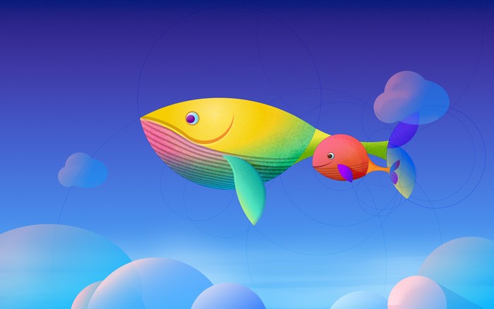 Colorful Whales and Clouds in Blue Sky 4K