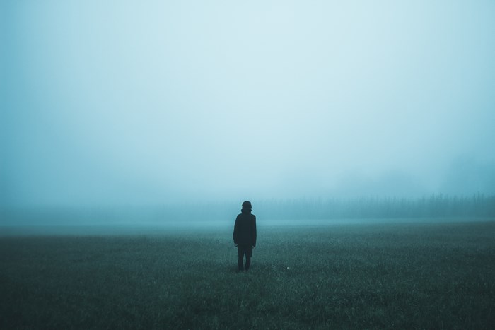 Person standing in a foggy field with trees in the background