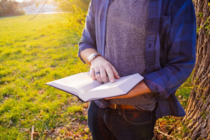 Man reading an open book in a sunny field
