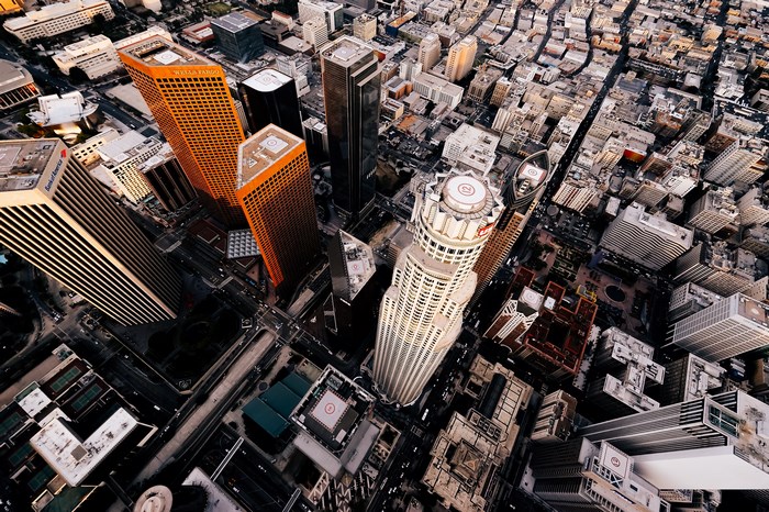 Aerial view of Downtown Los Angeles skyscrapers including Wells Fargo