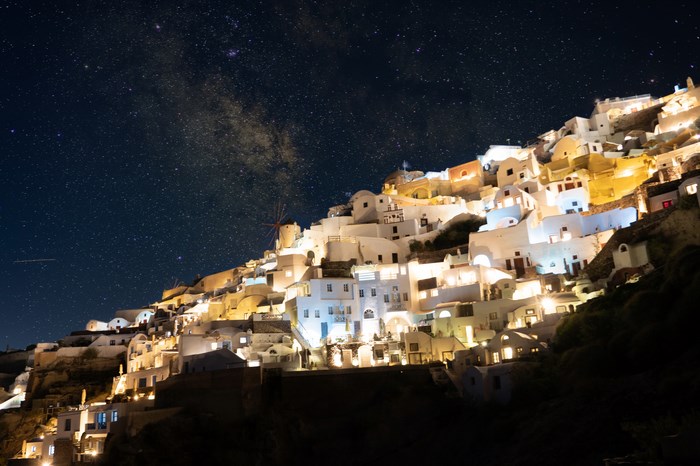 Santorini village at night under the Milky Way
