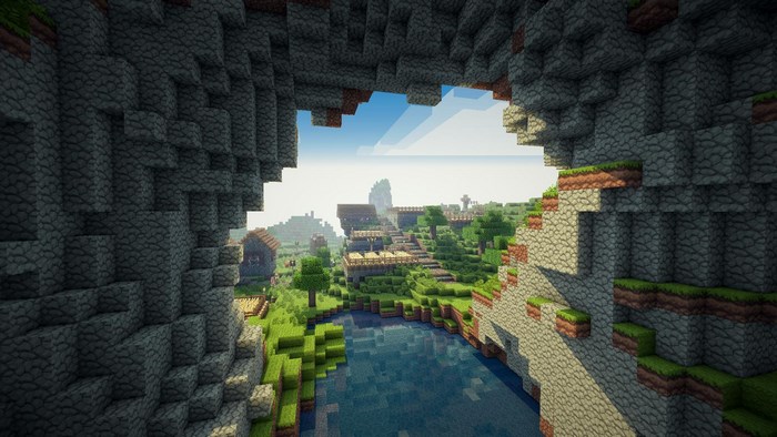 Peaceful Minecraft Village Seen from Cave Entrance