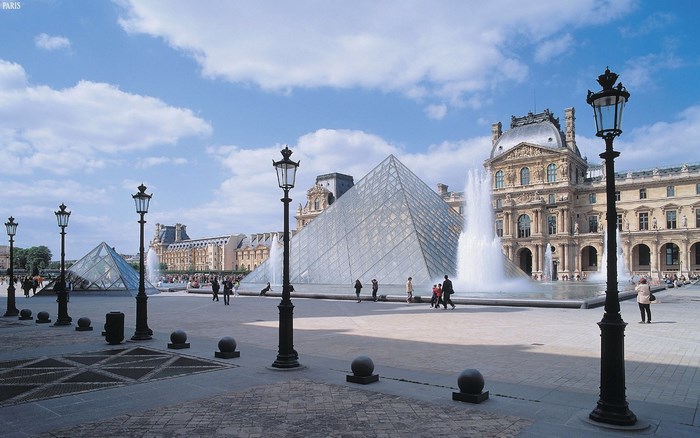 Louvre Museum Pyramid and Fountains, Paris
