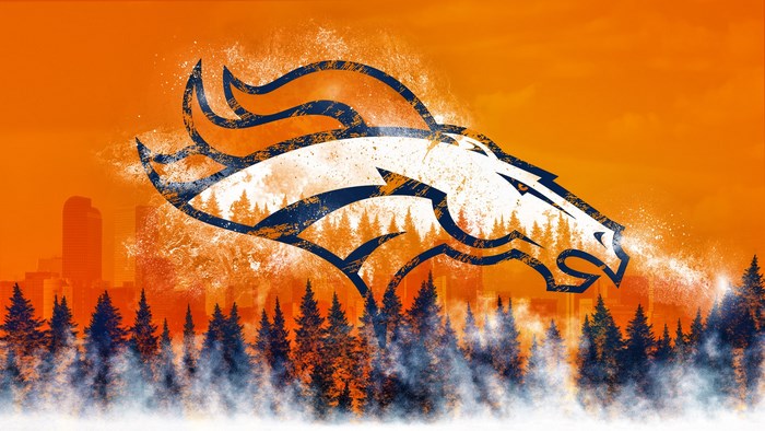 Denver Broncos logo over forest and city skyline