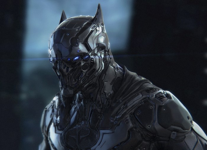 Futuristic Batman armor with blue glowing eyes