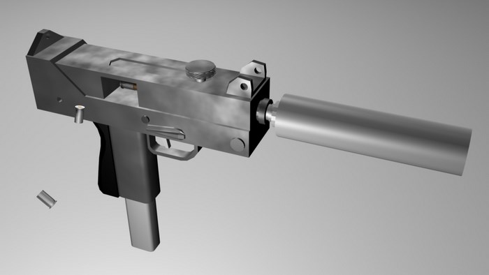 Gun with silencer and ejected casings