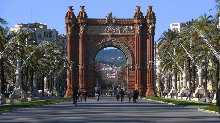 Arc de Triomf in Barcelona with palm trees