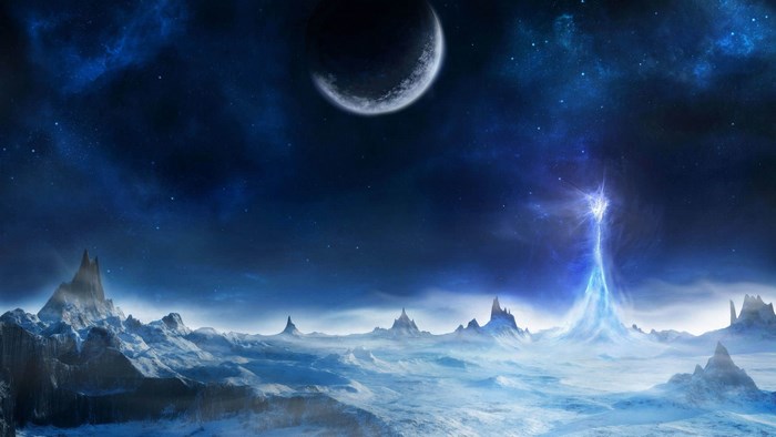 Fantasy alien landscape with moon and nebula