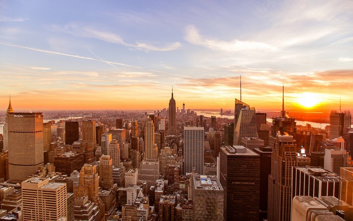 New York City skyline at sunset