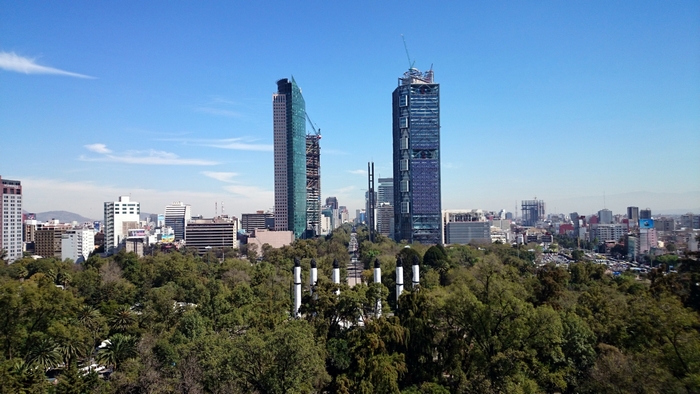 Mexico City skyline with skyscrapers and park